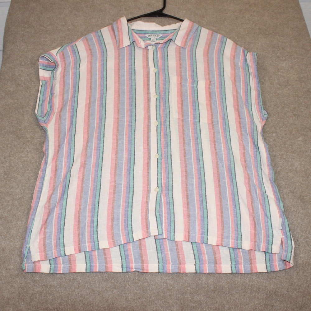 Orvis Classic Collection Linen Rayon Striped Sleeveless Button Front Shirt L